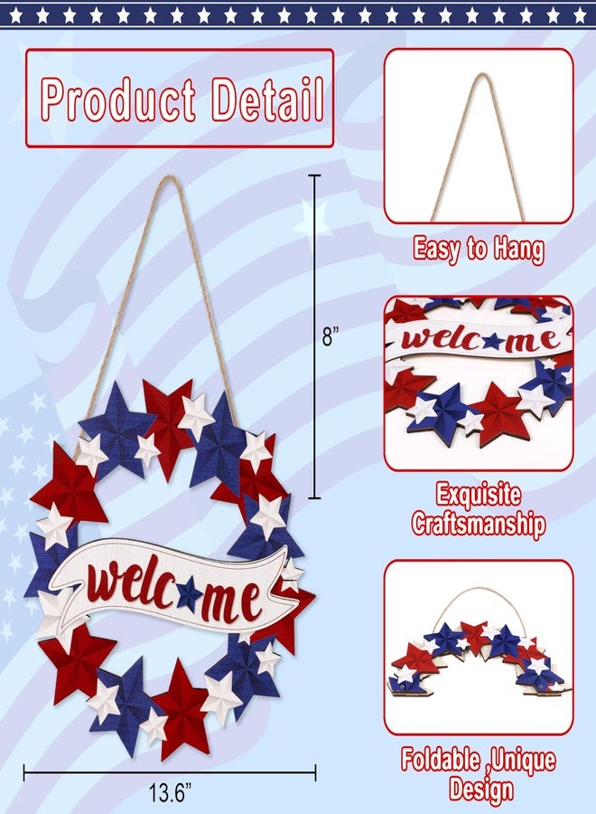 80UncleKimby 4th/Fourth of July Decorations Welcome Wreath for Front Door - Wooden Red White and Blue Star Sign, Patriotic Memorial Day Porch Home Wall Outside Decor - Image 3